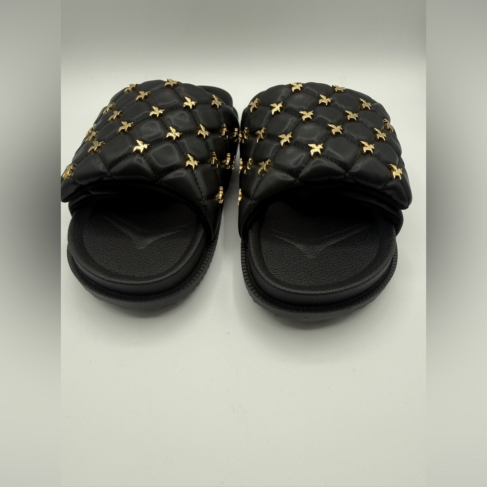 She Is Cheval Black Quilted Slide Sandals W/Gold Accents Comfort Designer Style - Picture 5 of 17